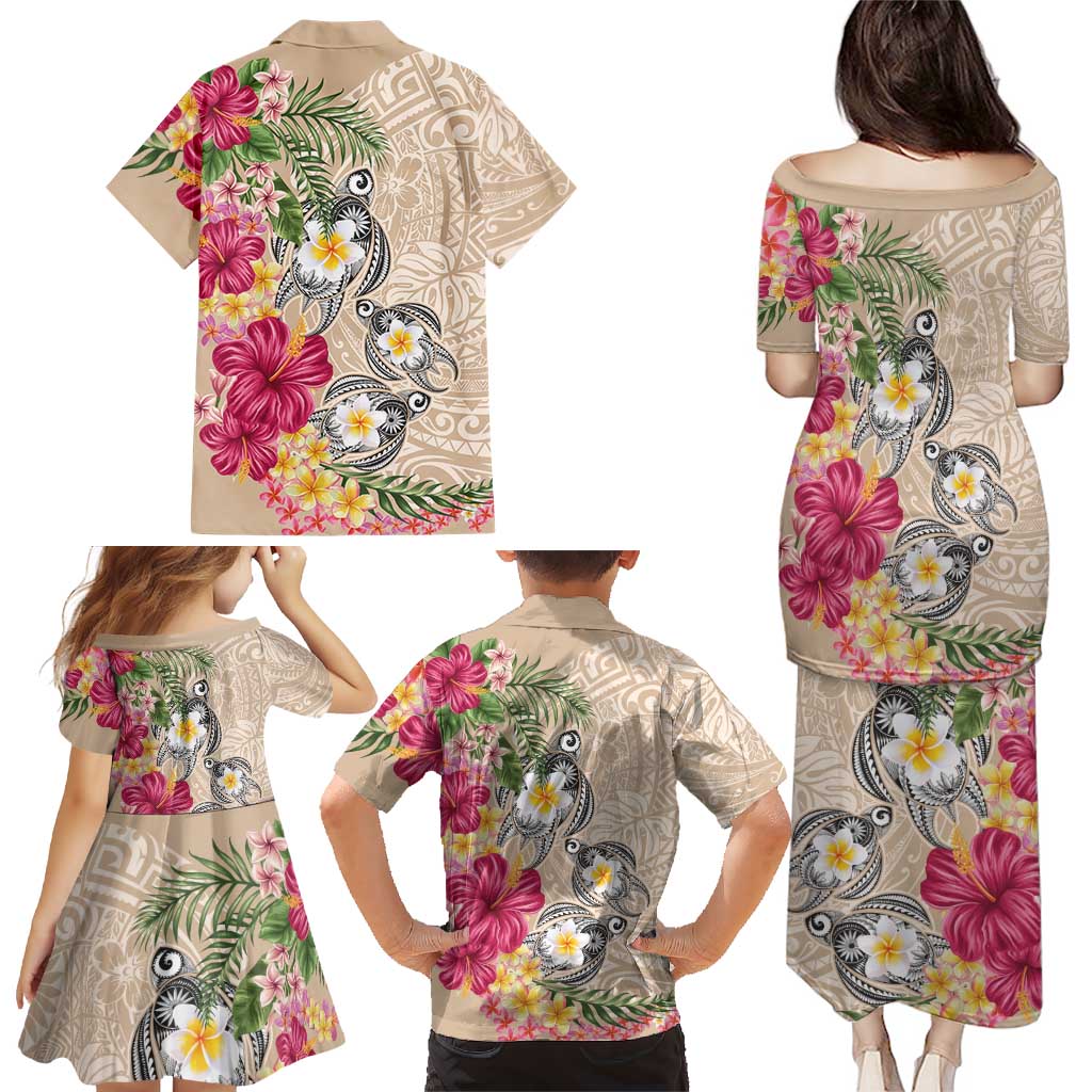 Hawaiian Tropical Flowers and Tribal Turtles Family Matching Puletasi and Hawaiian Shirt Polynesian Art Motifs Beige Color LT03 - Polynesian Pride