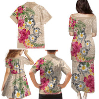 Hawaiian Tropical Flowers and Tribal Turtles Family Matching Puletasi and Hawaiian Shirt Polynesian Art Motifs Beige Color LT03 - Polynesian Pride