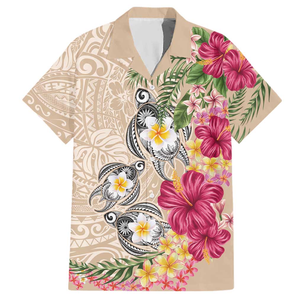 Hawaiian Tropical Flowers and Tribal Turtles Family Matching Puletasi and Hawaiian Shirt Polynesian Art Motifs Beige Color LT03 Dad's Shirt - Short Sleeve Beige - Polynesian Pride