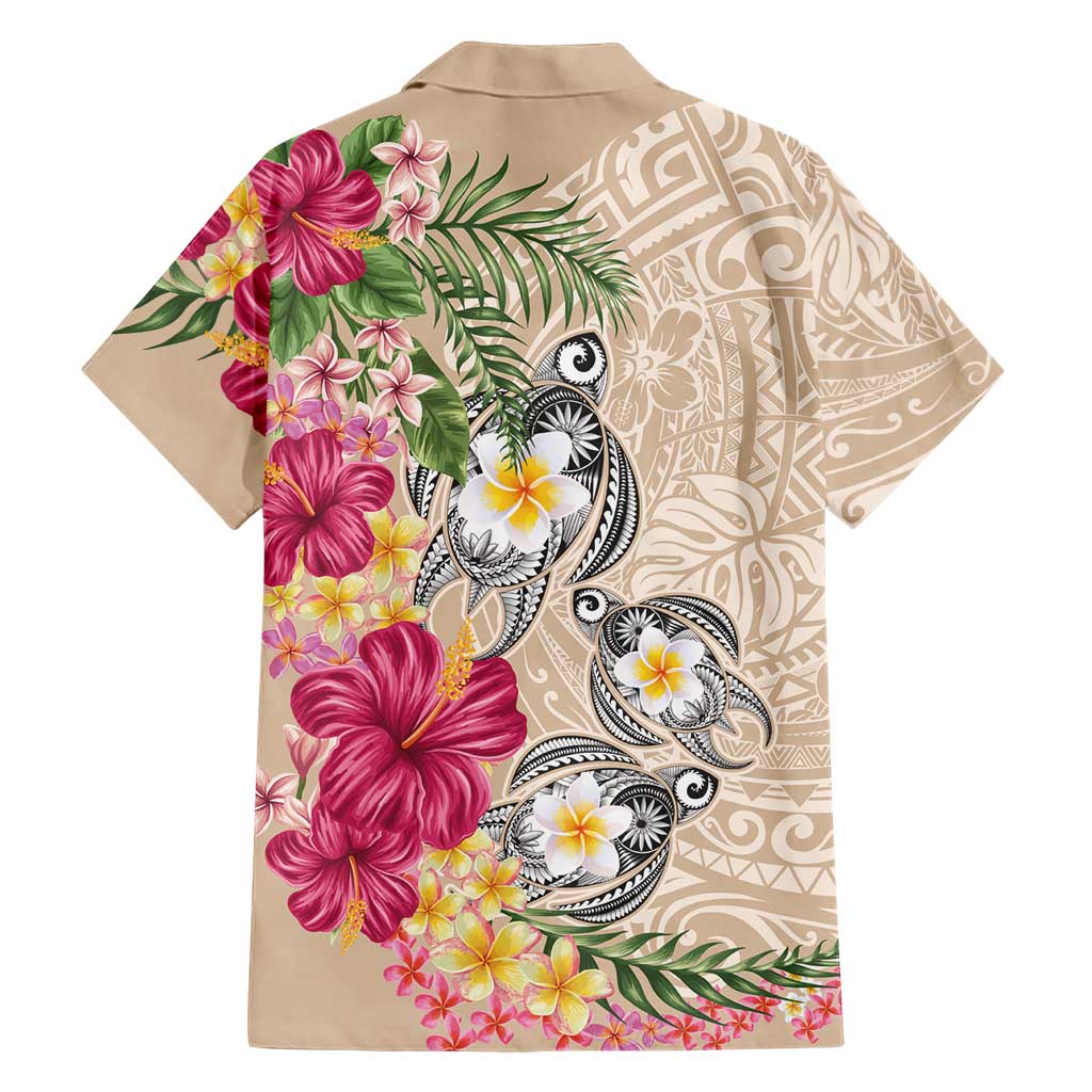 Hawaiian Tropical Flowers and Tribal Turtles Family Matching Puletasi and Hawaiian Shirt Polynesian Art Motifs Beige Color LT03 - Polynesian Pride