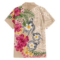 Hawaiian Tropical Flowers and Tribal Turtles Family Matching Puletasi and Hawaiian Shirt Polynesian Art Motifs Beige Color LT03 - Polynesian Pride