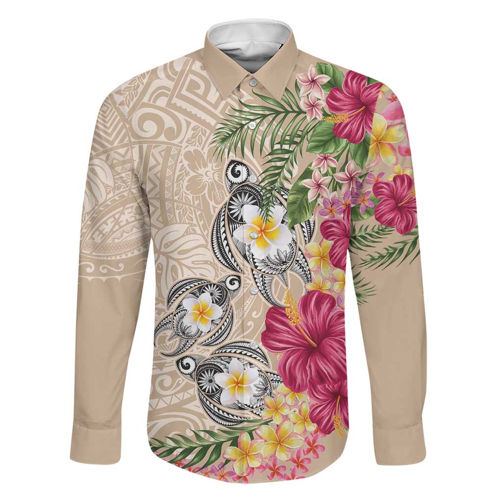 Hawaiian Tropical Flowers and Tribal Turtles Family Matching Puletasi and Hawaiian Shirt Polynesian Art Motifs Beige Color LT03 Dad's Shirt - Long Sleeve Beige - Polynesian Pride