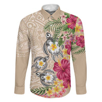 Hawaiian Tropical Flowers and Tribal Turtles Family Matching Puletasi and Hawaiian Shirt Polynesian Art Motifs Beige Color LT03 Dad's Shirt - Long Sleeve Beige - Polynesian Pride