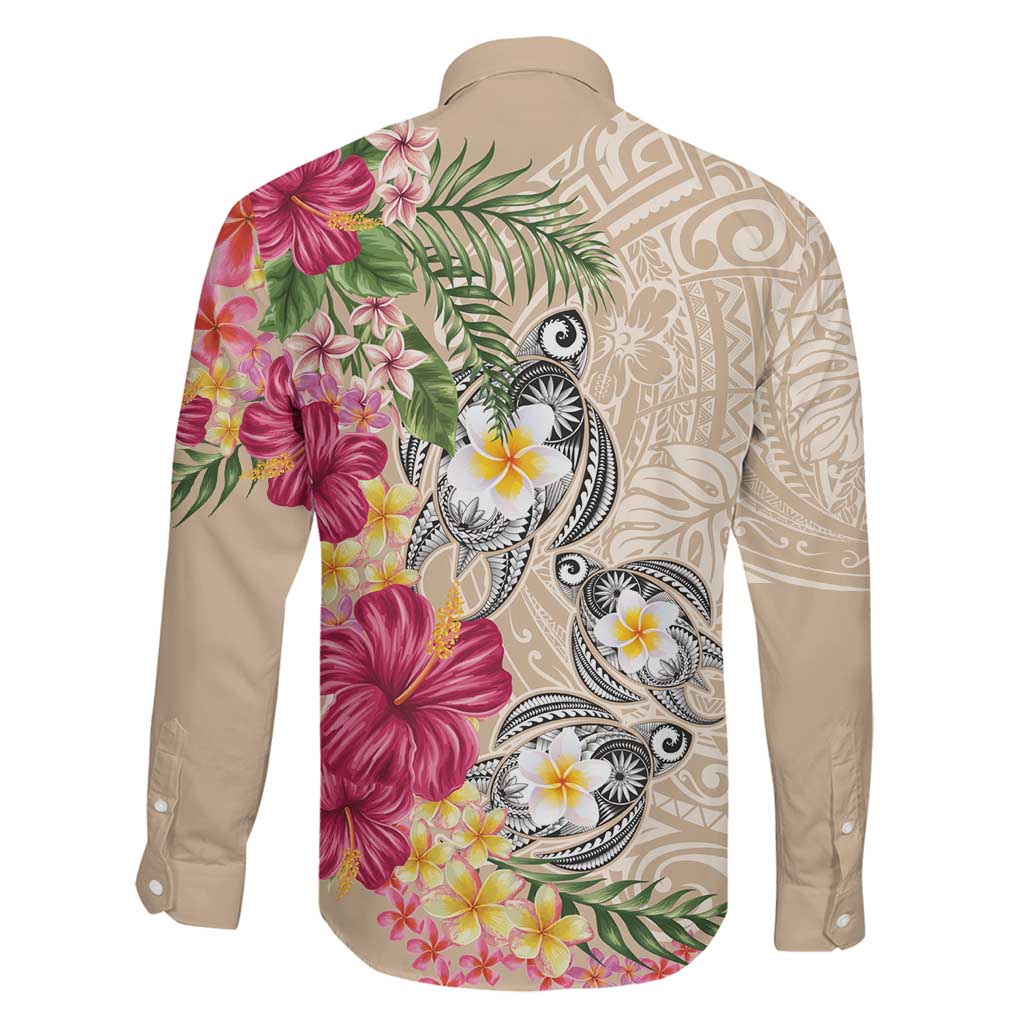 Hawaiian Tropical Flowers and Tribal Turtles Family Matching Puletasi and Hawaiian Shirt Polynesian Art Motifs Beige Color LT03 - Polynesian Pride