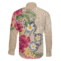Hawaiian Tropical Flowers and Tribal Turtles Family Matching Puletasi and Hawaiian Shirt Polynesian Art Motifs Beige Color LT03 - Polynesian Pride