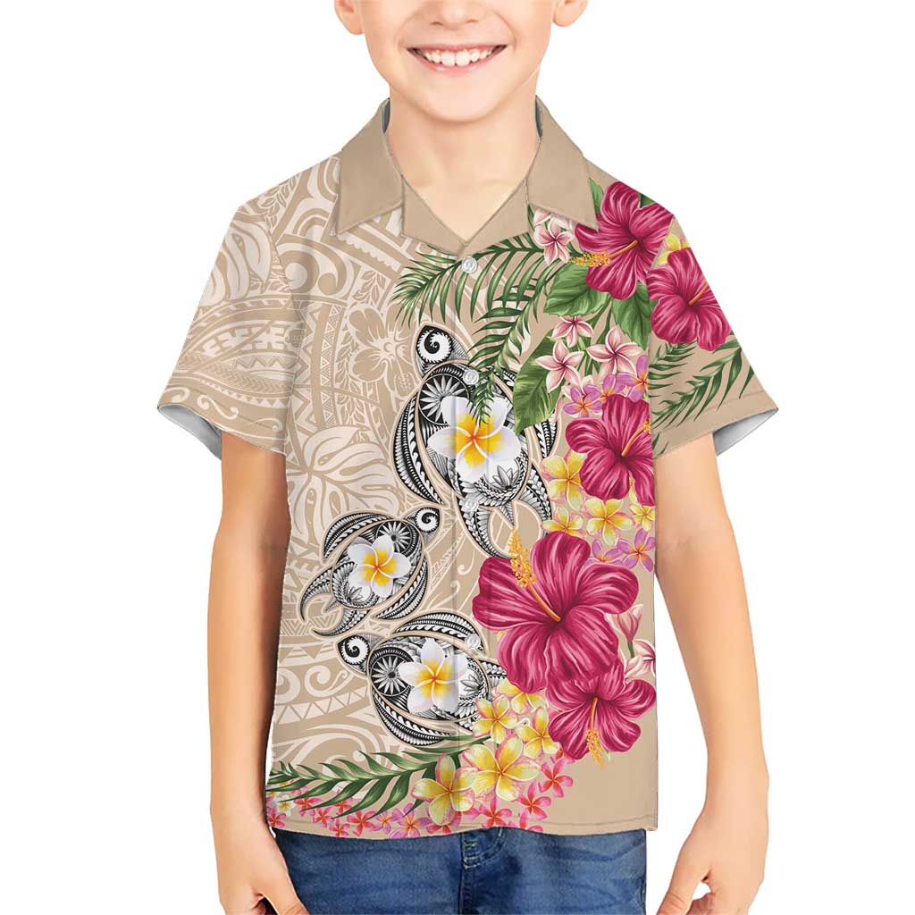 Hawaiian Tropical Flowers and Tribal Turtles Family Matching Puletasi and Hawaiian Shirt Polynesian Art Motifs Beige Color LT03 Son's Shirt Beige - Polynesian Pride