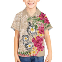 Hawaiian Tropical Flowers and Tribal Turtles Family Matching Puletasi and Hawaiian Shirt Polynesian Art Motifs Beige Color LT03 Son's Shirt Beige - Polynesian Pride