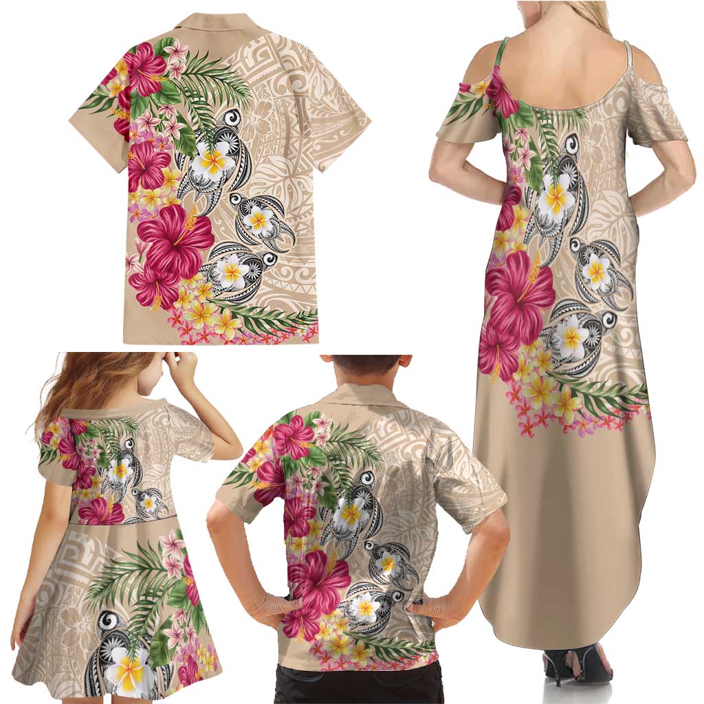 Hawaiian Tropical Flowers and Tribal Turtles Family Matching Summer Maxi Dress and Hawaiian Shirt Polynesian Art Motifs Beige Color - Polynesian Pride