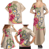 Hawaiian Tropical Flowers and Tribal Turtles Family Matching Summer Maxi Dress and Hawaiian Shirt Polynesian Art Motifs Beige Color - Polynesian Pride