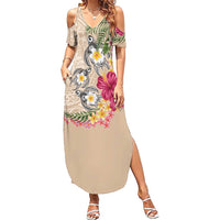 Hawaiian Tropical Flowers and Tribal Turtles Family Matching Summer Maxi Dress and Hawaiian Shirt Polynesian Art Motifs Beige Color - Polynesian Pride