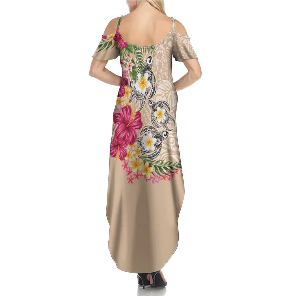 Hawaiian Tropical Flowers and Tribal Turtles Family Matching Summer Maxi Dress and Hawaiian Shirt Polynesian Art Motifs Beige Color - Polynesian Pride