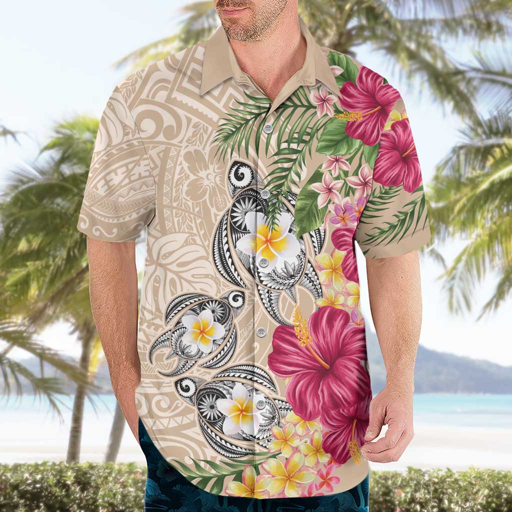 Hawaiian Tropical Flowers and Tribal Turtles Hawaiian Shirt Polynesian Art Motifs Beige Color - Polynesian Pride