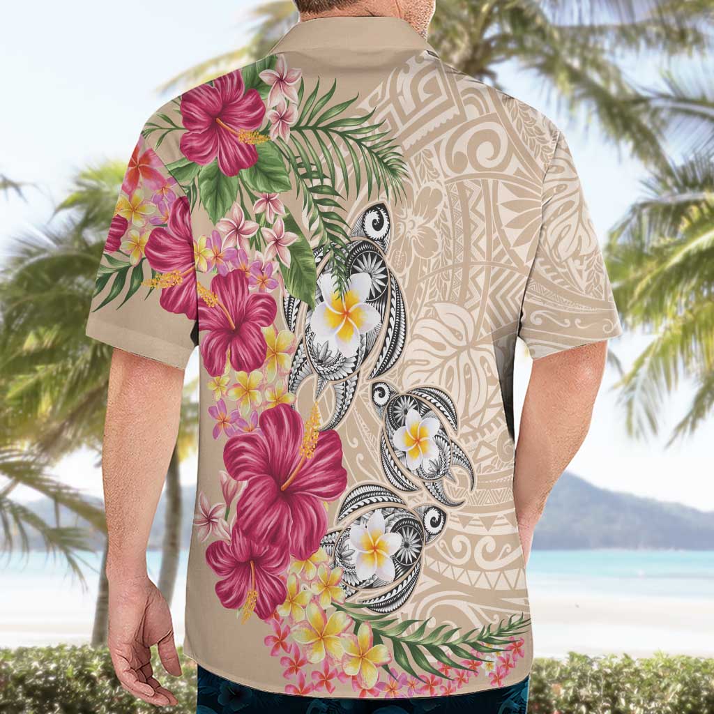 Hawaiian Tropical Flowers and Tribal Turtles Hawaiian Shirt Polynesian Art Motifs Beige Color - Polynesian Pride