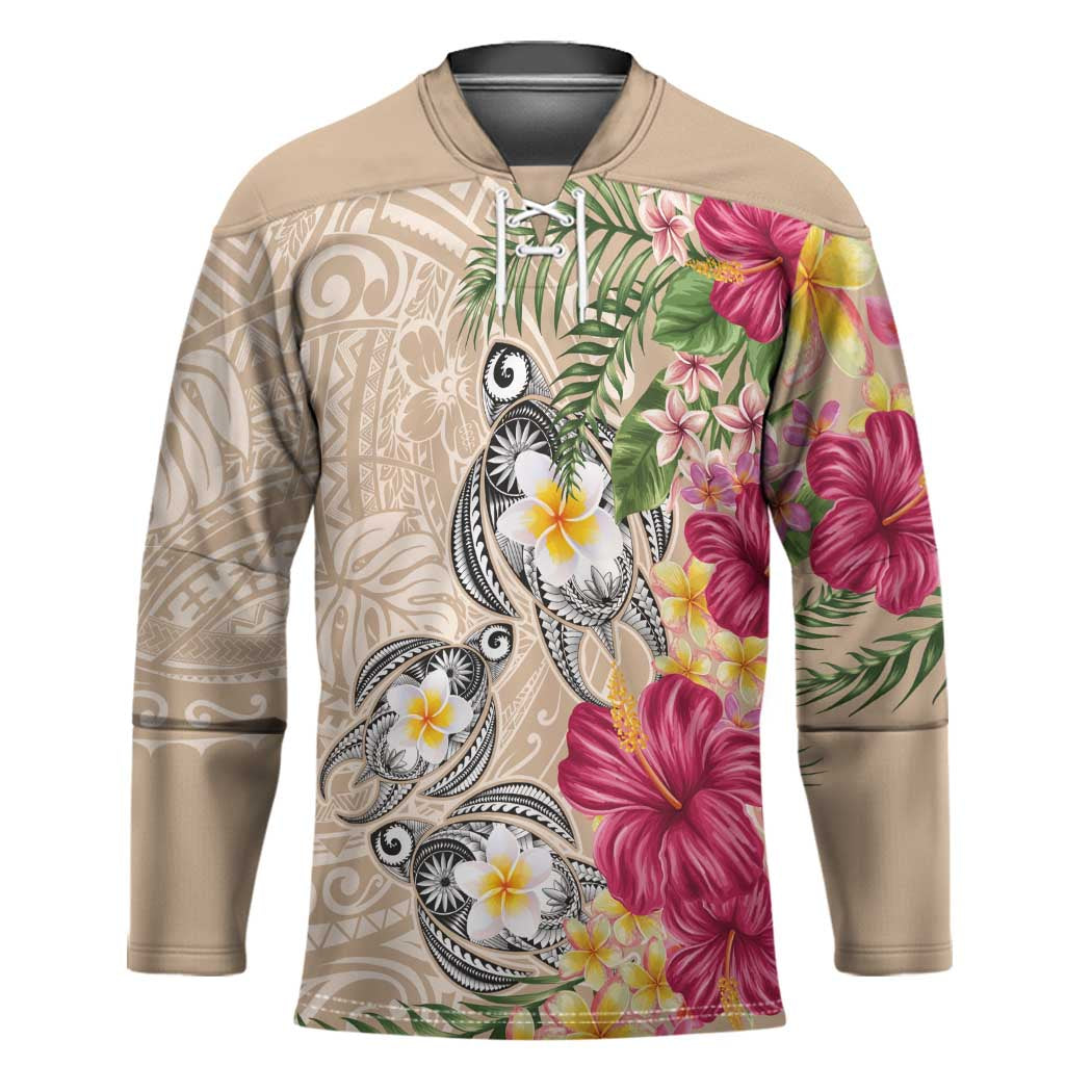 Hawaiian Tropical Flowers and Tribal Turtles Hockey Jersey Polynesian Art Motifs Beige Color - Polynesian Pride