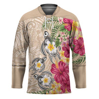 Hawaiian Tropical Flowers and Tribal Turtles Hockey Jersey Polynesian Art Motifs Beige Color - Polynesian Pride