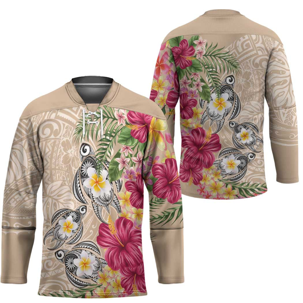 Hawaiian Tropical Flowers and Tribal Turtles Hockey Jersey Polynesian Art Motifs Beige Color - Polynesian Pride