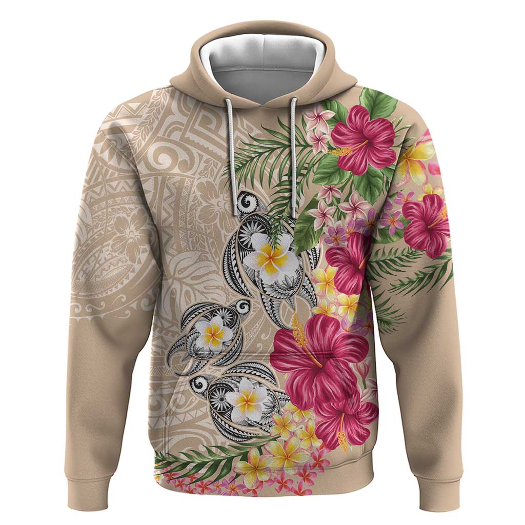 Hawaiian Tropical Flowers and Tribal Turtles Hoodie Polynesian Art Motifs Beige Color - Polynesian Pride