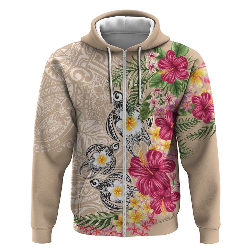 Hawaiian Tropical Flowers and Tribal Turtles Hoodie Polynesian Art Motifs Beige Color - Polynesian Pride