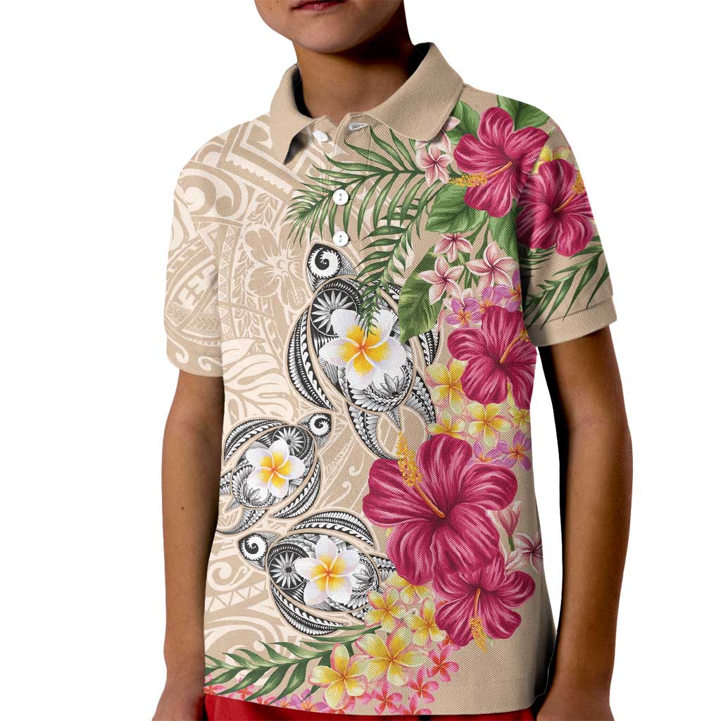 Hawaiian Tropical Flowers and Tribal Turtles Kid Polo Shirt Polynesian Art Motifs Beige Color - Polynesian Pride