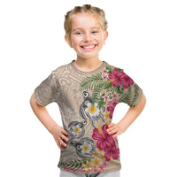 Hawaiian Tropical Flowers and Tribal Turtles Kid T Shirt Polynesian Art Motifs Beige Color - Polynesian Pride