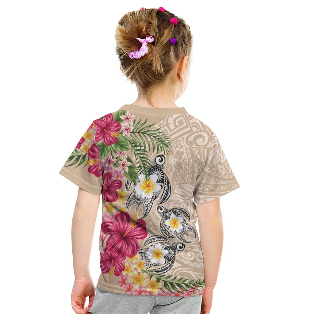Hawaiian Tropical Flowers and Tribal Turtles Kid T Shirt Polynesian Art Motifs Beige Color - Polynesian Pride