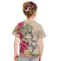 Hawaiian Tropical Flowers and Tribal Turtles Kid T Shirt Polynesian Art Motifs Beige Color - Polynesian Pride