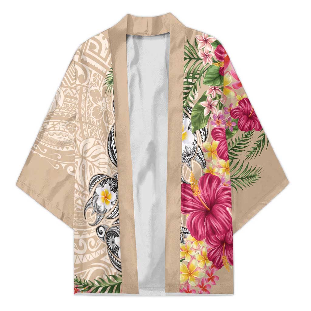 Hawaiian Tropical Flowers and Tribal Turtles Kimono Polynesian Art Motifs Beige Color LT03 Unisex Beige - Polynesian Pride