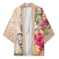 Hawaiian Tropical Flowers and Tribal Turtles Kimono Polynesian Art Motifs Beige Color LT03 Unisex Beige - Polynesian Pride