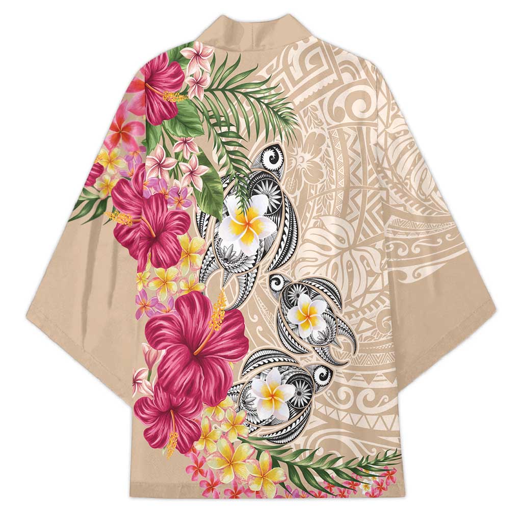 Hawaiian Tropical Flowers and Tribal Turtles Kimono Polynesian Art Motifs Beige Color LT03 - Polynesian Pride