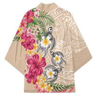 Hawaiian Tropical Flowers and Tribal Turtles Kimono Polynesian Art Motifs Beige Color LT03 - Polynesian Pride