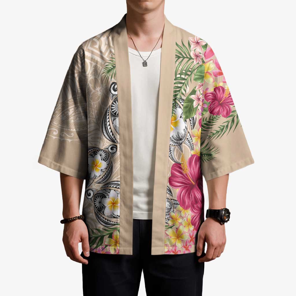 Hawaiian Tropical Flowers and Tribal Turtles Kimono Polynesian Art Motifs Beige Color LT03 - Polynesian Pride