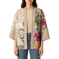Hawaiian Tropical Flowers and Tribal Turtles Kimono Polynesian Art Motifs Beige Color LT03 - Polynesian Pride