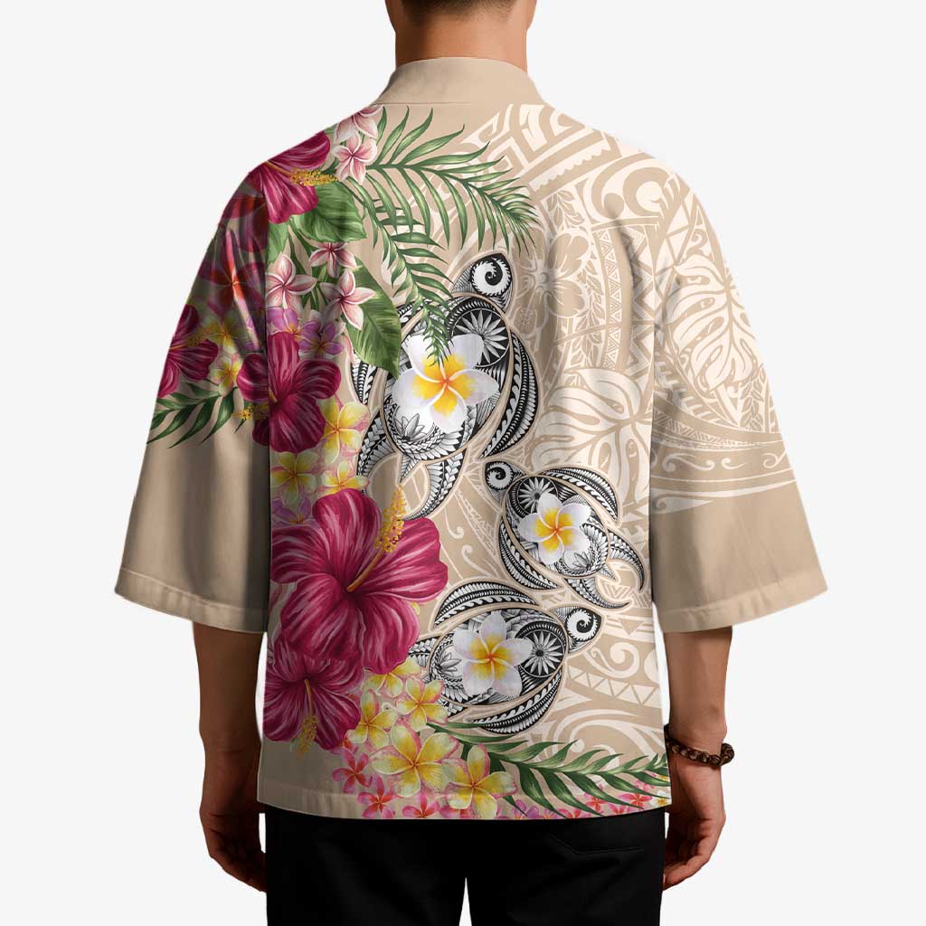 Hawaiian Tropical Flowers and Tribal Turtles Kimono Polynesian Art Motifs Beige Color LT03 - Polynesian Pride