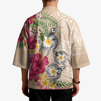 Hawaiian Tropical Flowers and Tribal Turtles Kimono Polynesian Art Motifs Beige Color LT03 - Polynesian Pride