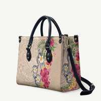 Hawaiian Tropical Flowers and Tribal Turtles Leather Bag Polynesian Art Motifs Beige Color LT03 Beige - Polynesian Pride