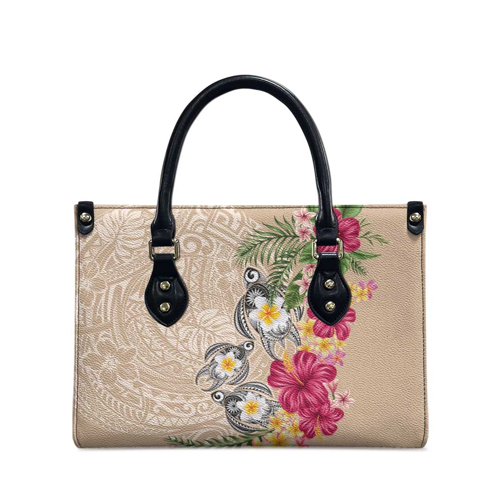 Hawaiian Tropical Flowers and Tribal Turtles Leather Bag Polynesian Art Motifs Beige Color LT03 - Polynesian Pride