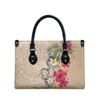 Hawaiian Tropical Flowers and Tribal Turtles Leather Bag Polynesian Art Motifs Beige Color LT03 - Polynesian Pride