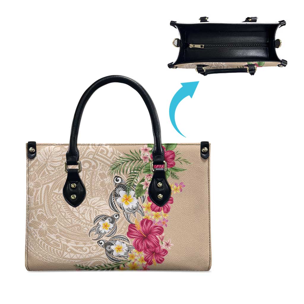 Hawaiian Tropical Flowers and Tribal Turtles Leather Bag Polynesian Art Motifs Beige Color LT03 - Polynesian Pride