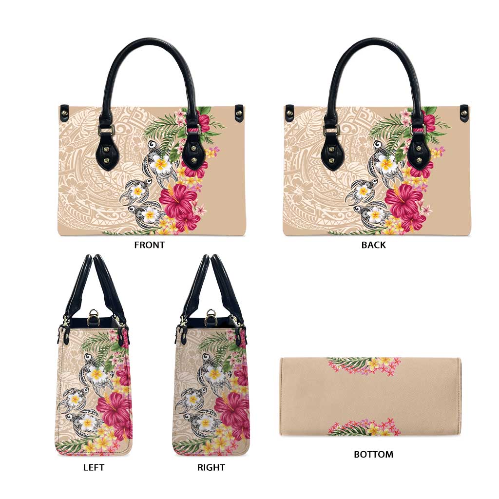 Hawaiian Tropical Flowers and Tribal Turtles Leather Bag Polynesian Art Motifs Beige Color LT03 - Polynesian Pride
