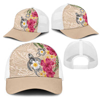 Hawaiian Tropical Flowers and Tribal Turtles Mesh Trucker Cap Polynesian Art Motifs Beige Color - Polynesian Pride