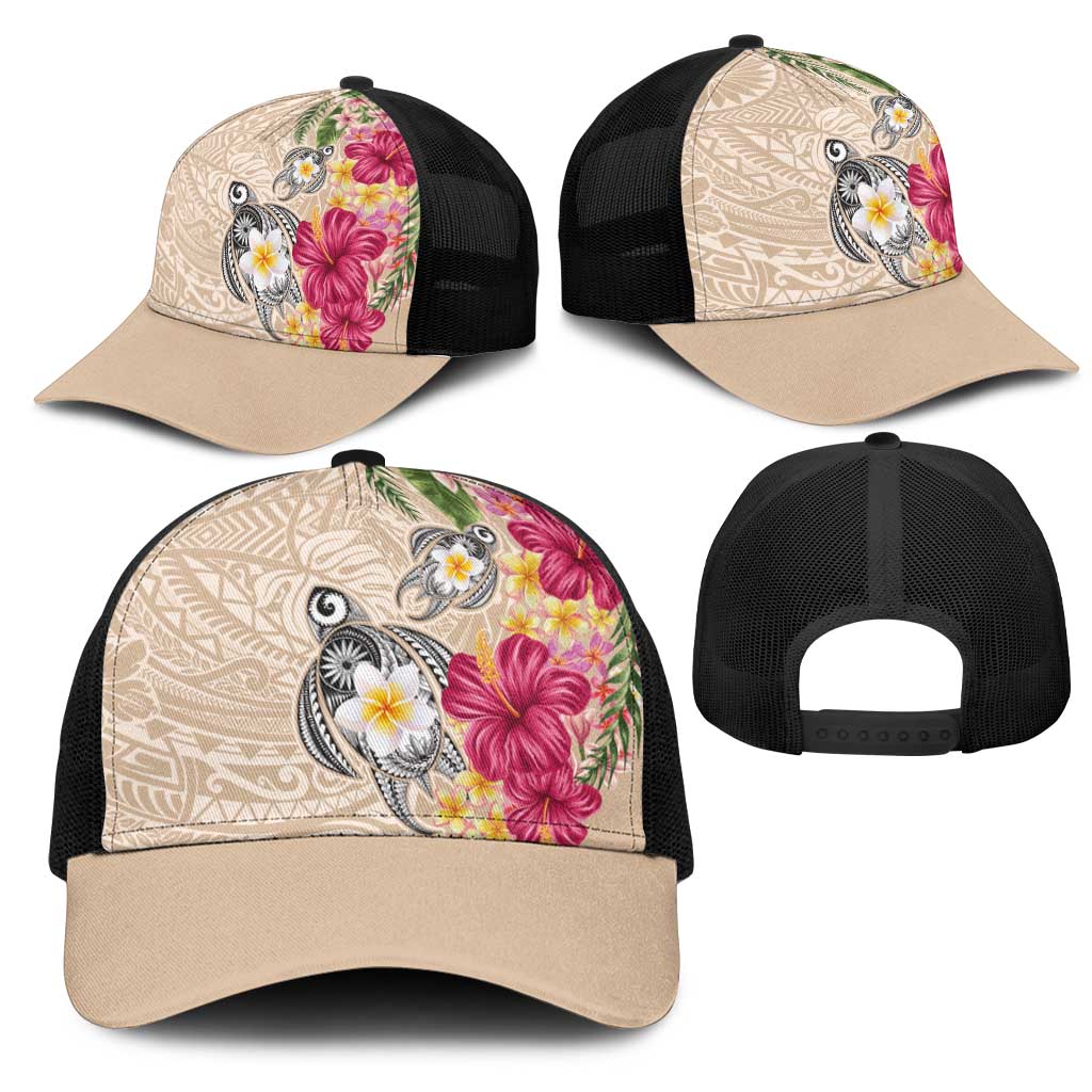 Hawaiian Tropical Flowers and Tribal Turtles Mesh Trucker Cap Polynesian Art Motifs Beige Color - Polynesian Pride