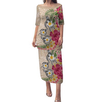Hawaiian Tropical Flowers and Tribal Turtles Puletasi Polynesian Art Motifs Beige Color LT03 Long Dress Beige - Polynesian Pride