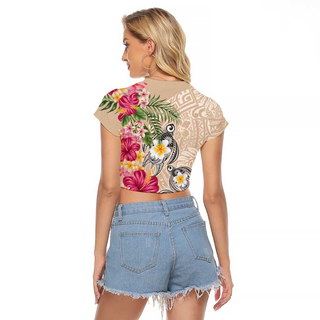 Hawaiian Tropical Flowers and Tribal Turtles Raglan Cropped T Shirt Polynesian Art Motifs Beige Color - Polynesian Pride