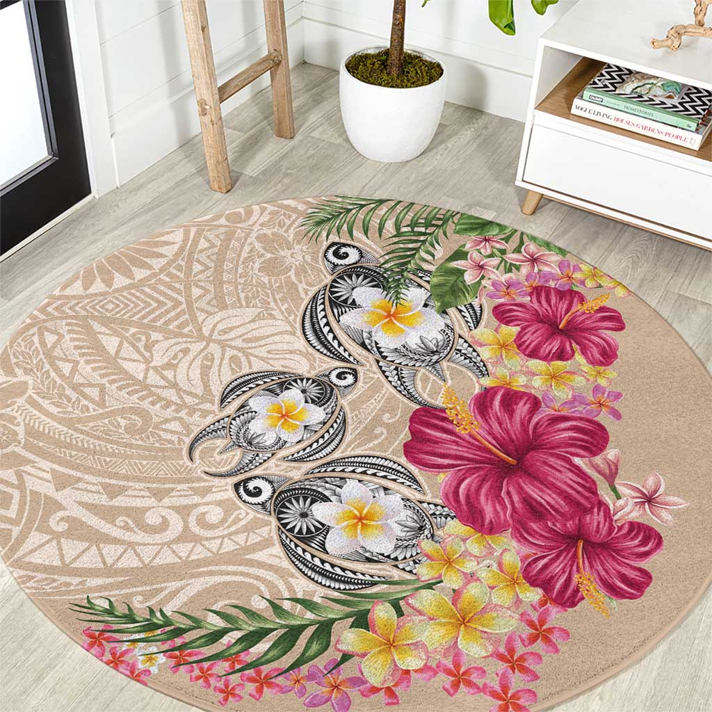 Hawaiian Tropical Flowers and Tribal Turtles Round Carpet Polynesian Art Motifs Beige Color LT03 Beige - Polynesian Pride