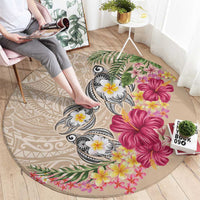 Hawaiian Tropical Flowers and Tribal Turtles Round Carpet Polynesian Art Motifs Beige Color LT03 - Polynesian Pride