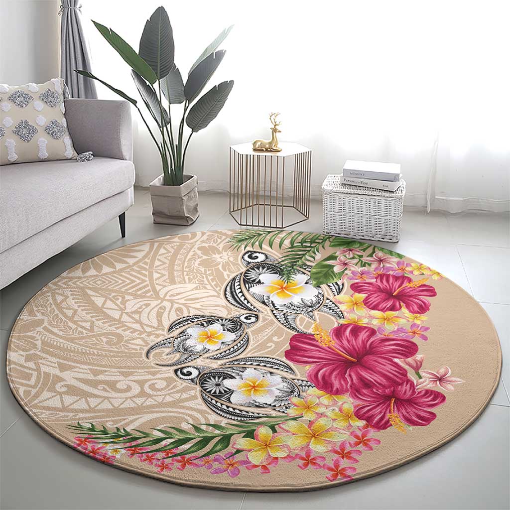 Hawaiian Tropical Flowers and Tribal Turtles Round Carpet Polynesian Art Motifs Beige Color LT03 - Polynesian Pride