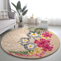 Hawaiian Tropical Flowers and Tribal Turtles Round Carpet Polynesian Art Motifs Beige Color LT03 - Polynesian Pride
