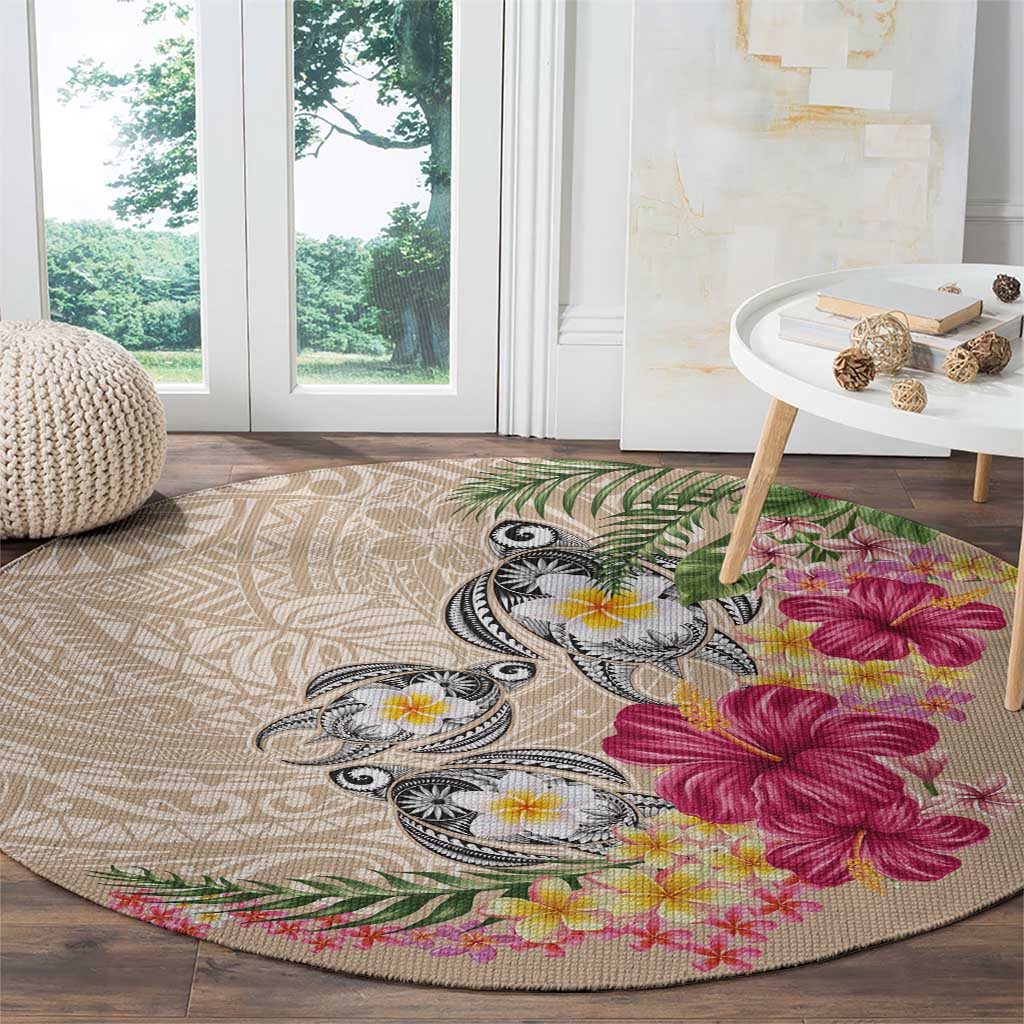 Hawaiian Tropical Flowers and Tribal Turtles Round Carpet Polynesian Art Motifs Beige Color LT03 - Polynesian Pride