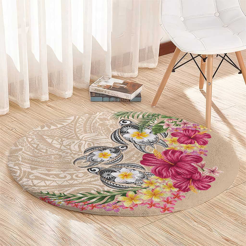 Hawaiian Tropical Flowers and Tribal Turtles Round Carpet Polynesian Art Motifs Beige Color LT03 - Polynesian Pride