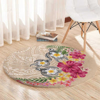 Hawaiian Tropical Flowers and Tribal Turtles Round Carpet Polynesian Art Motifs Beige Color LT03 - Polynesian Pride